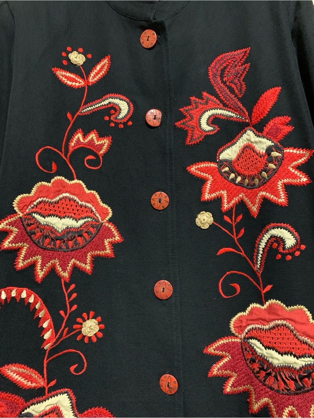 Indigo Moon Embroidered Folk Art Long Jacket Black Red Boho Statement Coat Large - Picture 6 of 8